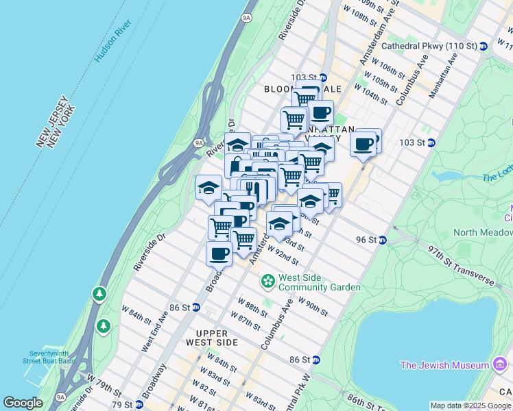 map of restaurants, bars, coffee shops, grocery stores, and more near 245 West 94th Street in New York