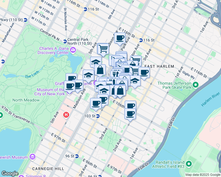 map of restaurants, bars, coffee shops, grocery stores, and more near 25 East 108th Street in New York