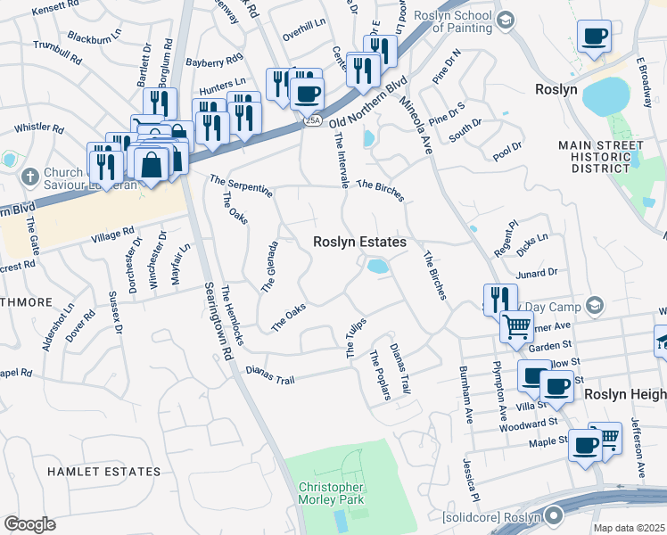 map of restaurants, bars, coffee shops, grocery stores, and more near 51 The Serpentine in Roslyn