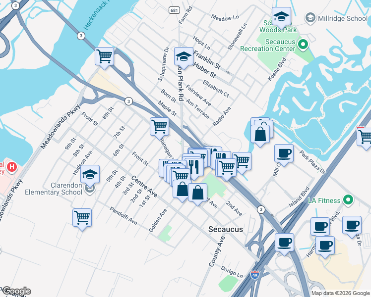map of restaurants, bars, coffee shops, grocery stores, and more near 1398 Paterson Plank Road in Secaucus