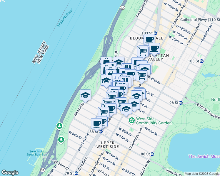 map of restaurants, bars, coffee shops, grocery stores, and more near 677 West End Avenue in New York
