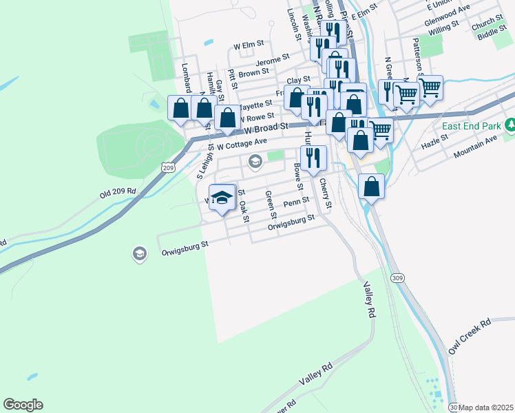 map of restaurants, bars, coffee shops, grocery stores, and more near 221 Penn Street in Tamaqua
