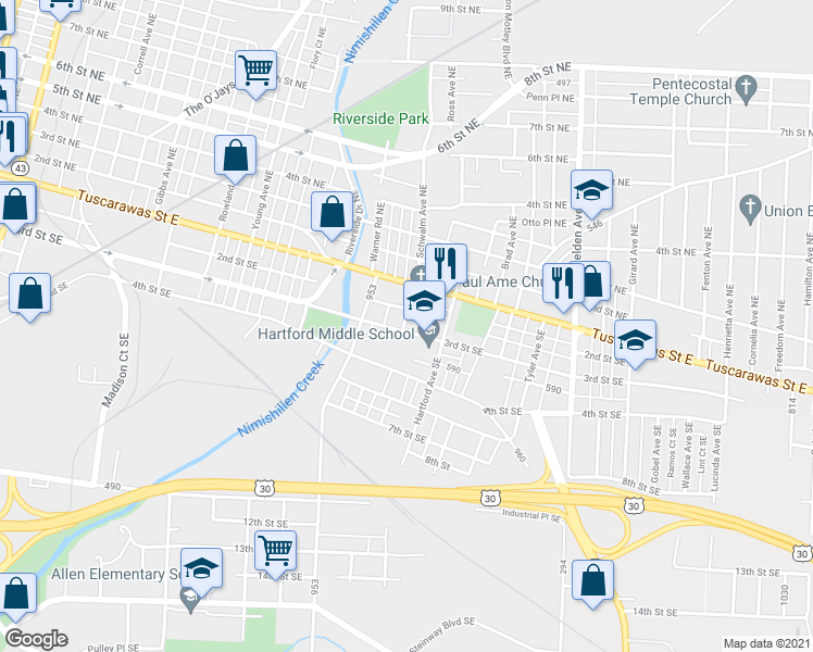 map of restaurants, bars, coffee shops, grocery stores, and more near 1801 3rd Street Southeast in Canton