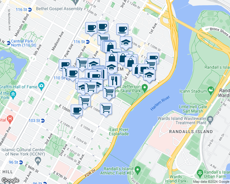 map of restaurants, bars, coffee shops, grocery stores, and more near 335 East 112th Street in New York