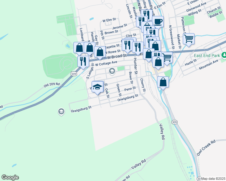 map of restaurants, bars, coffee shops, grocery stores, and more near 219 Penn Street in Tamaqua