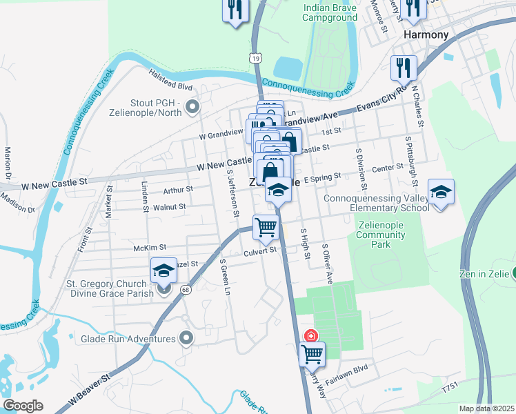 map of restaurants, bars, coffee shops, grocery stores, and more near 114 West Spring Street in Zelienople
