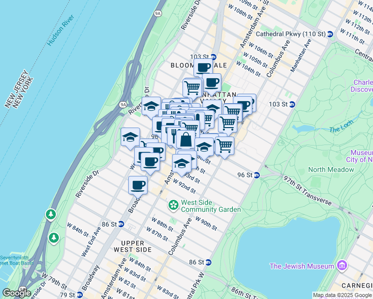 map of restaurants, bars, coffee shops, grocery stores, and more near West 95th Street in New York