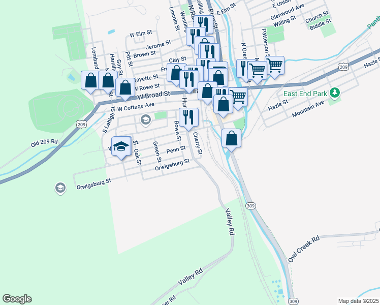 map of restaurants, bars, coffee shops, grocery stores, and more near 216 Hunter Street in Tamaqua