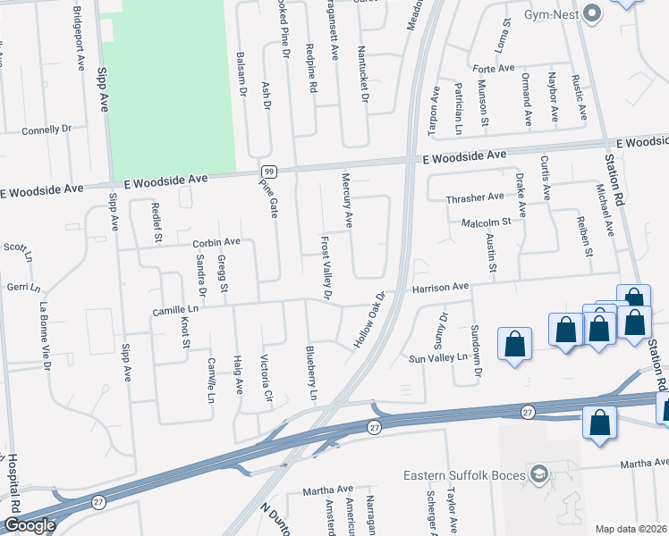 map of restaurants, bars, coffee shops, grocery stores, and more near 26 Mercury Avenue in East Patchogue