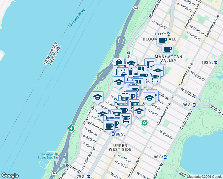 map of restaurants, bars, coffee shops, grocery stores, and more near Riverside Dr & W 92nd St in New York