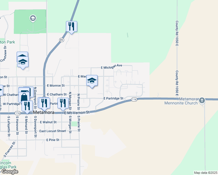 map of restaurants, bars, coffee shops, grocery stores, and more near Flag Street in Metamora
