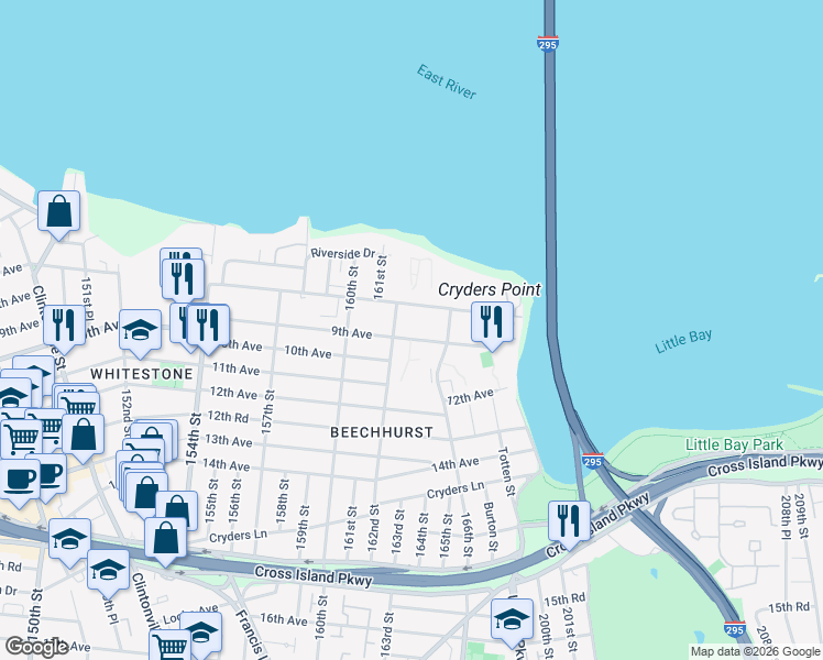 map of restaurants, bars, coffee shops, grocery stores, and more near 168-1 Powells Cove Boulevard in Queens