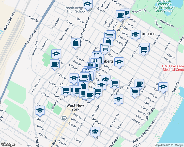 map of restaurants, bars, coffee shops, grocery stores, and more near 509 67th Street in West New York