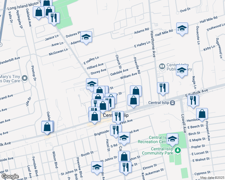 map of restaurants, bars, coffee shops, grocery stores, and more near 16 Dietz Street in Central Islip