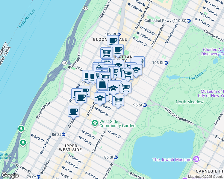 map of restaurants, bars, coffee shops, grocery stores, and more near 160 West 96th Street in New York