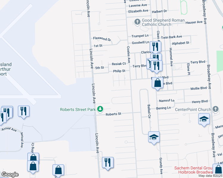 map of restaurants, bars, coffee shops, grocery stores, and more near 116 Charles Street in Holbrook