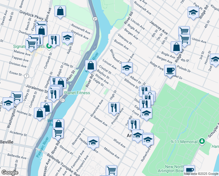 map of restaurants, bars, coffee shops, grocery stores, and more near 244 Stover Avenue in North Arlington