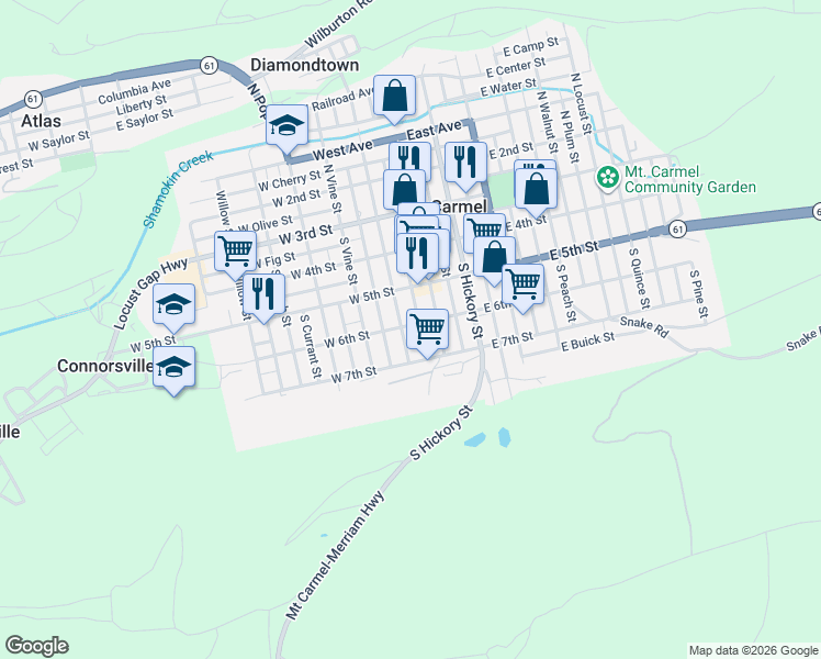 map of restaurants, bars, coffee shops, grocery stores, and more near 230 South Oak Street in Mount Carmel