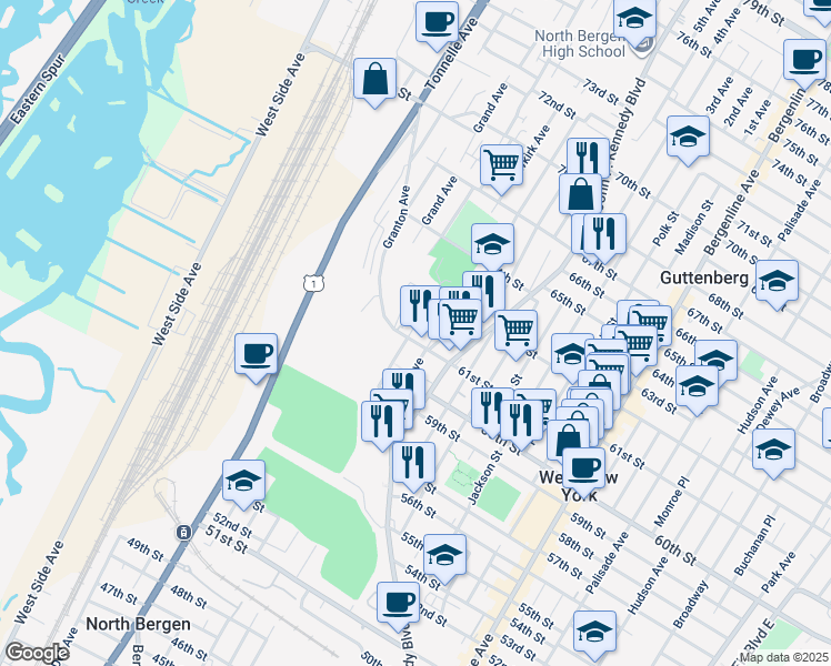 map of restaurants, bars, coffee shops, grocery stores, and more near 6104 Meadowview Avenue in North Bergen