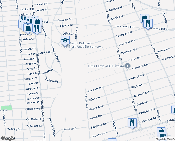 map of restaurants, bars, coffee shops, grocery stores, and more near 2 Bushwick Avenue in Brentwood