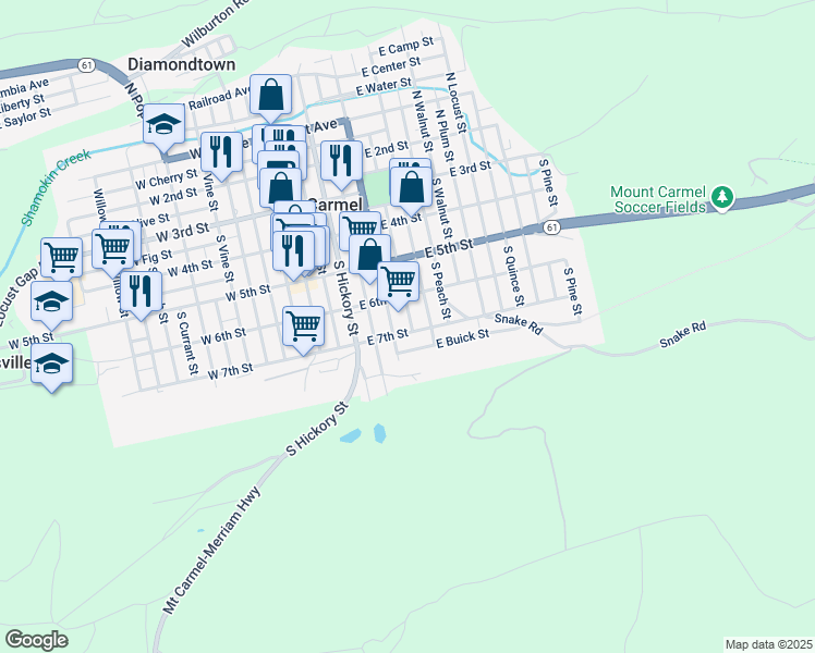 map of restaurants, bars, coffee shops, grocery stores, and more near 301-319 South Lemon Street in Mount Carmel