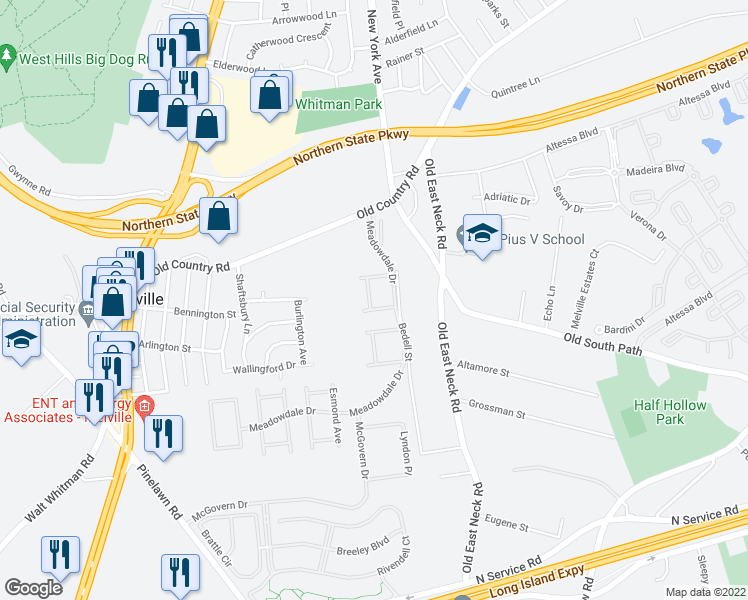 map of restaurants, bars, coffee shops, grocery stores, and more near 37 Herrels Circle in Melville