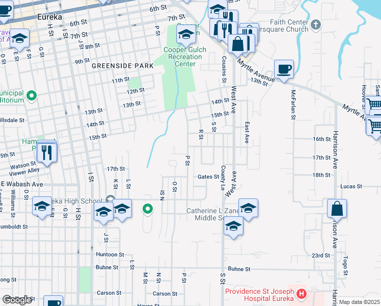 map of restaurants, bars, coffee shops, grocery stores, and more near 1609 17th Street in Eureka