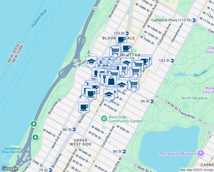 map of restaurants, bars, coffee shops, grocery stores, and more near 202 West 96th Street in New York