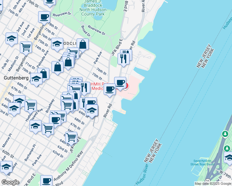 map of restaurants, bars, coffee shops, grocery stores, and more near 7440 Boulevard East in North Bergen