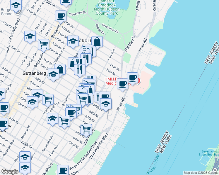 map of restaurants, bars, coffee shops, grocery stores, and more near 7301 Boulevard East in North Bergen