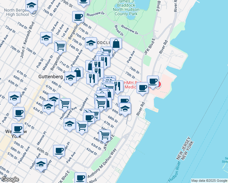 map of restaurants, bars, coffee shops, grocery stores, and more near 7203 Park Avenue in North Bergen