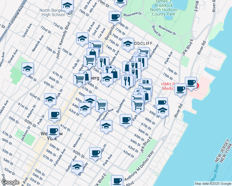 map of restaurants, bars, coffee shops, grocery stores, and more near 233 70th Street in Guttenberg