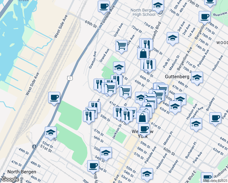 map of restaurants, bars, coffee shops, grocery stores, and more near 1221 63rd Street in North Bergen