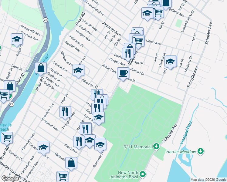 map of restaurants, bars, coffee shops, grocery stores, and more near 425 Ridge Road in North Arlington