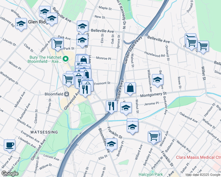 map of restaurants, bars, coffee shops, grocery stores, and more near 48 Spruce Street in Bloomfield