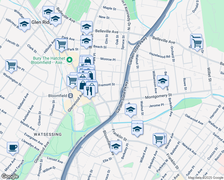 map of restaurants, bars, coffee shops, grocery stores, and more near 45 Fremont Street in Bloomfield