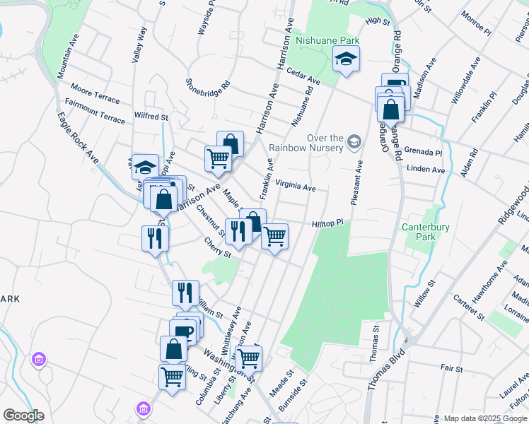 map of restaurants, bars, coffee shops, grocery stores, and more near 7 Kirk Street in West Orange