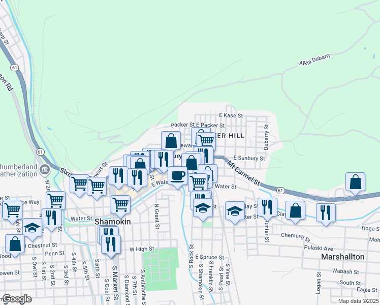 map of restaurants, bars, coffee shops, grocery stores, and more near 315 East Dewart Street in Shamokin