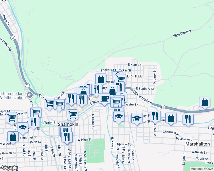 map of restaurants, bars, coffee shops, grocery stores, and more near 315 East Dewart Street in Shamokin