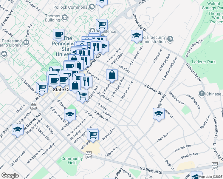map of restaurants, bars, coffee shops, grocery stores, and more near 328 East Fairmount Avenue in State College