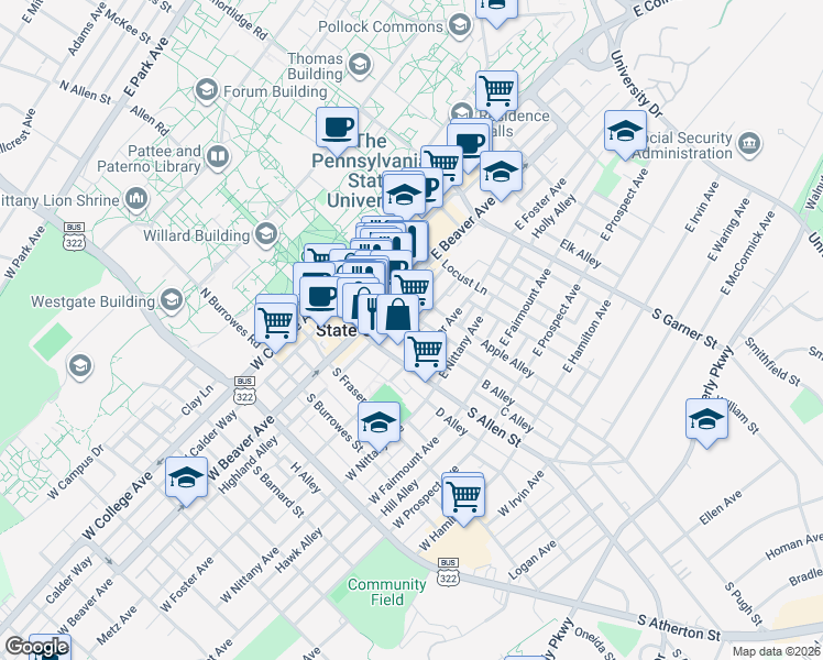 map of restaurants, bars, coffee shops, grocery stores, and more near 138 East Beaver Avenue in State College
