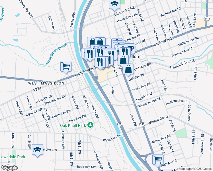 map of restaurants, bars, coffee shops, grocery stores, and more near 209 2nd Street Southwest in Massillon