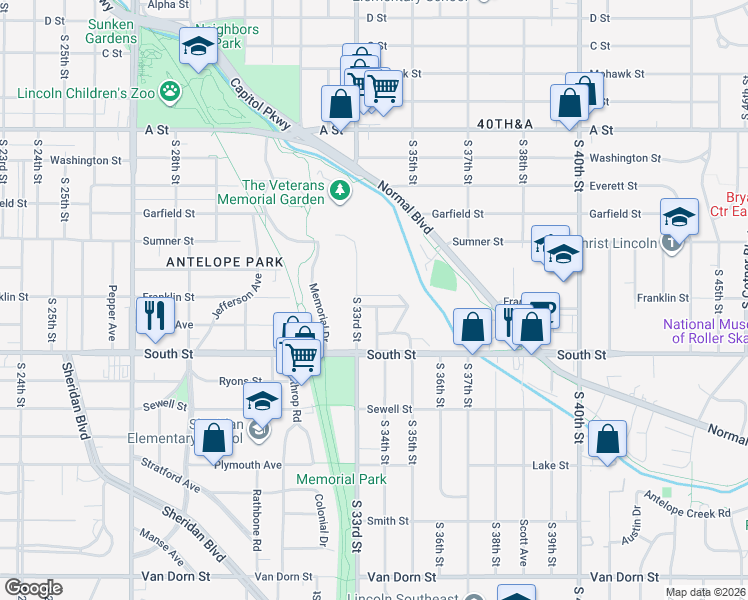 map of restaurants, bars, coffee shops, grocery stores, and more near 3400 Kajan Drive in Lincoln