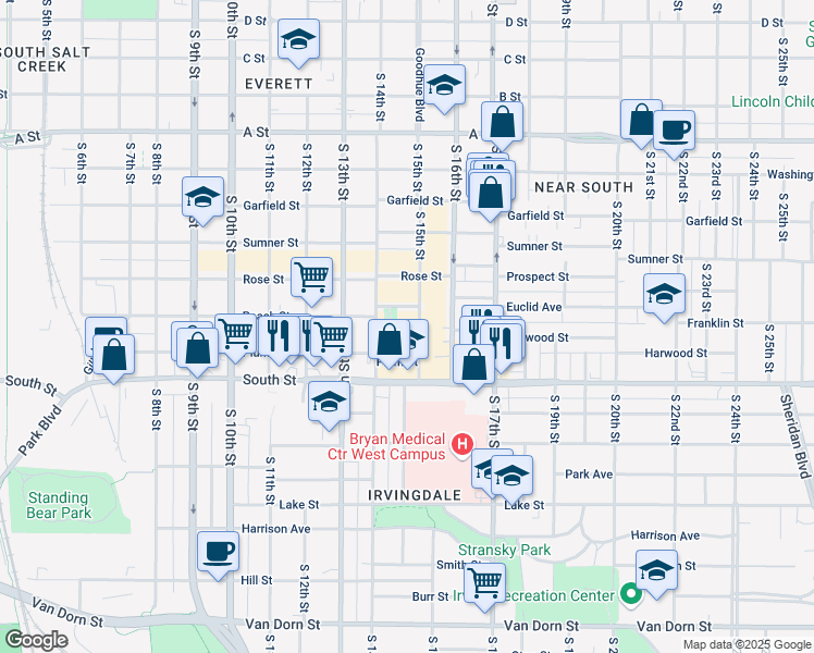 map of restaurants, bars, coffee shops, grocery stores, and more near 1430 Peach Street in Lincoln