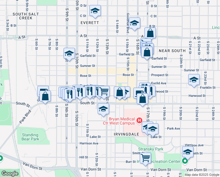 map of restaurants, bars, coffee shops, grocery stores, and more near 1320 Peach Street in Lincoln