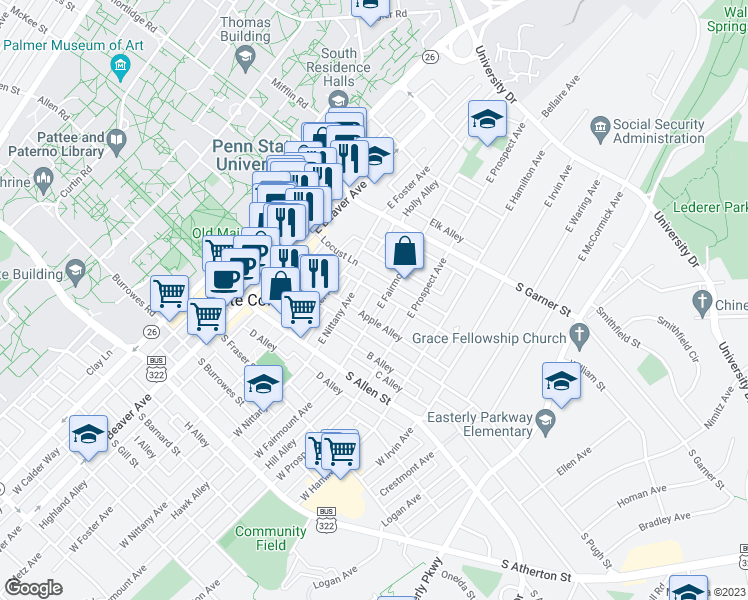 map of restaurants, bars, coffee shops, grocery stores, and more near 235 East Fairmount Avenue in State College
