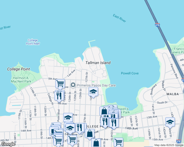 map of restaurants, bars, coffee shops, grocery stores, and more near Powells Cove Boulevard in Queens