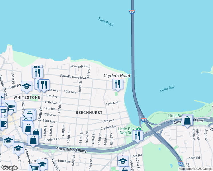 map of restaurants, bars, coffee shops, grocery stores, and more near 16625 Powells Cove Boulevard in Queens