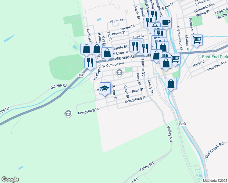 map of restaurants, bars, coffee shops, grocery stores, and more near Oak Street in Tamaqua