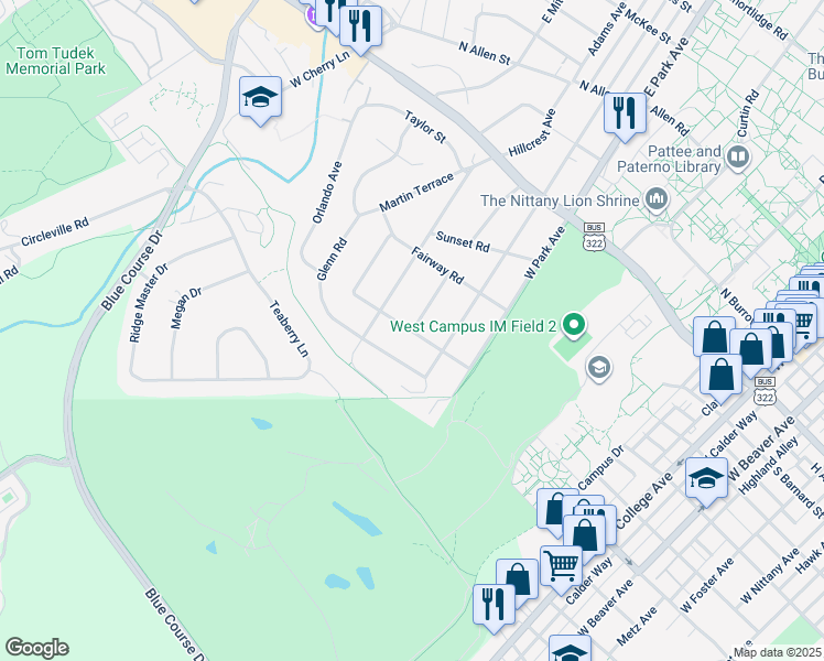 map of restaurants, bars, coffee shops, grocery stores, and more near 599 Clarence Avenue in State College